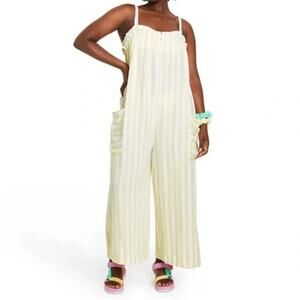 Stoney Clover Linen Y2K Striped Jumpsuit Wide Leg Light Yellow Small A004142